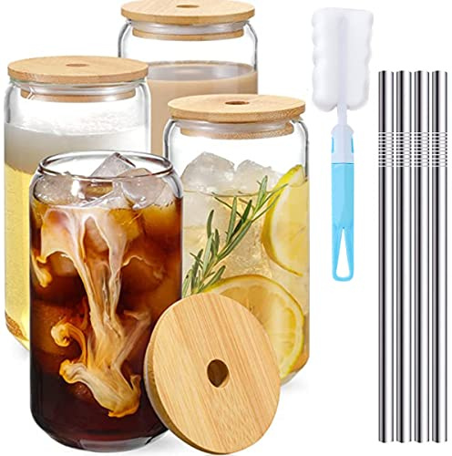 4pcs Transparent Glass Cups with Lids & Straw 500ml Large Drinking Glasses Can Shaped Beer Glasses Tumbler for Cold Drinks Juice Coffee Cocktail Soda