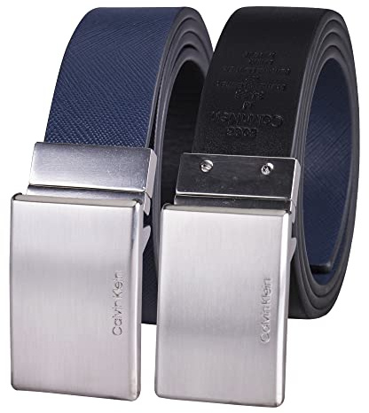 Calvin Klein Reversible Dress Belt with Plaque Buckle Cinturón, Placa Azul/Negra, Medium (34-36) para Hombre