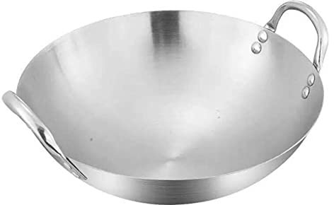 OQHAIR Espesar Wok de Fondo Redondo de Acero Inoxidable no magnético con 2 Asas de Bucle, 34 cm 70 cm Wok Antiadherente sin Humo de Estilo Chino de Doble Oreja Adecuado para Cocina comerc