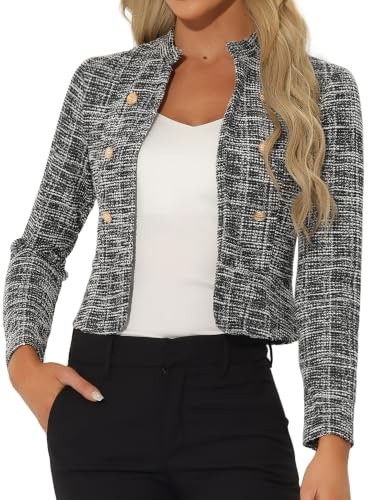 Allegra K - Blazer vintage in tweed da donna, con colletto a camicia, per lavoro e ufficio, apertura frontale, giacca corta, Nero , S