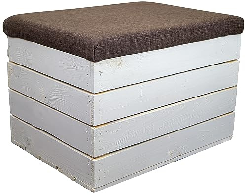 Kistenkolli Altes Land Sitztruhe Mit Stauraum, Maße 34x35x48 Cm, Faltbarer Holzsitzhocker, Obstkiste, Belastbar Bis 150 Kg, Klappbarer Deckel, Aufbewahrungsbox (Weiß)