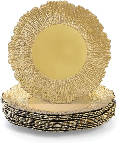Coloch Set of 12 Gold Charger Plates, 13 Plastic Reef Serving Chargers for Dinner Plate Reusable Round Shiny Decorative Charger Plate for Wedding, Catering, Parties, Christmas, Home Dinner Use