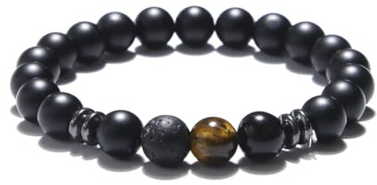 Kim Johanson® Herren Naturstein Armband *Chakra* mit Onyx, Jaspis & Lavastein I Perlenarmband mit echten 8mm Edelsteinen I Elastisches Kugelarmband I Handgemacht I Wasserfest
