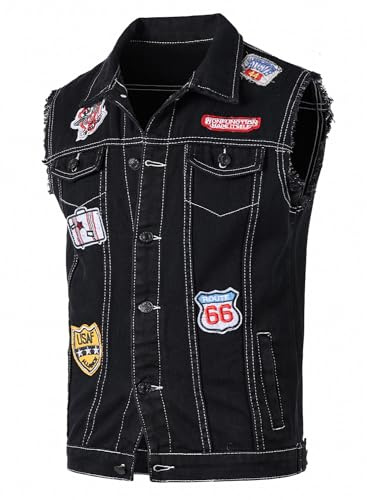 Yukirtiq Gilet da Uomo Smanicato Jeans Uomo Vintage Gilet di Jeans Senza Maniche Streetwear Giacca Jeans da Moto Slim Fit Gilet denim, Nero, L