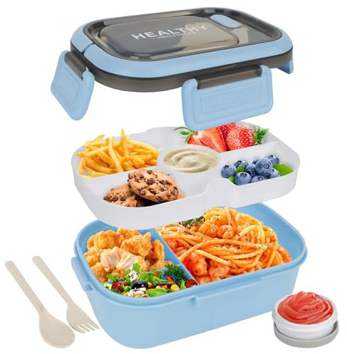 OWill Porta pranzo 1200ML,Portamerenda bambino scuola,2 Strati lunch box prova di perdite con 3 scomparti,portapranzo ufficio con posate e scatola per salse,lavabile in lavastoviglie,Microonde,Blu
