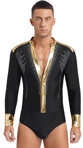 Sywiyi Herren Standard Tanzbody Langarm Hemdbody Trikot Latein Salsa Cha Cha Hemd Oberteil mit V-Ausschnitt Männer Tanzkostüm Schwarz XL