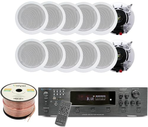 Vaiyer Home Theater System Kit, 6000W 6-Channel Bluetooth Amplifier with 6.5 Inch, 12 Pack 200W Each In-Wall and Speaker Wire Surround Sound System