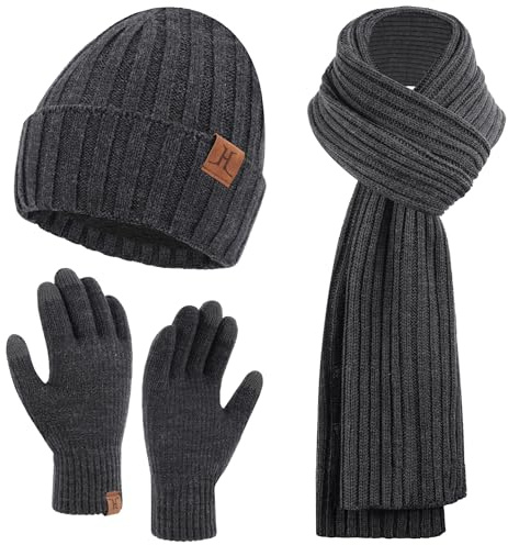 ZASFOU Herren Winter Mütze Schal Touchscreen Handschuhe Set Thermo Beanie Wintermütze Strickmütze Winterschal Winterhandschuhe Geschenk für Männer