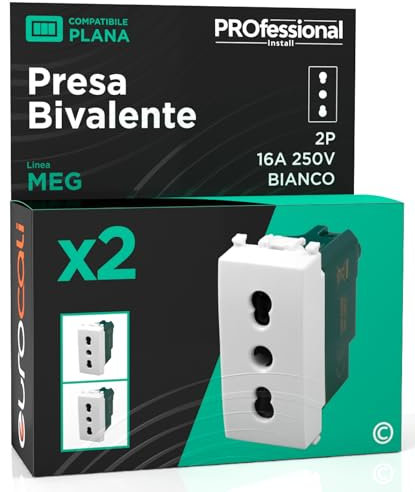 Presa Elettrica Italiana 2P+T Bivalente 10/16A 250V Compatibile con Vimar Plana Presa di Corrente Bipasso Pluristandard da Muro Frutti Elettrici Colore Bianco - Confezione da 2