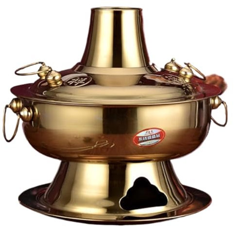 Charcoal Shabu Copper Hot Pot Stainless Steel Traditional Charcoal-Heated Soup Boiler, Outdoor Cookware Picnic Stove Cooking Pot, Stew Pot Cheese Fondue for Home Restaurant Party(Gold,Diameter 34CM)