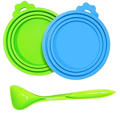 MoPawKT- Silicone Pet Food Can Covers Lids, 3 Inner Diameters 2.6”/3”/3.4” Fit for 3-15 oz Standard Cat & Dog Food Cans/Tins, Multi-Size Canned Food Covers, BPA Free, Reusable (Blue+Green, 1 spoon)
