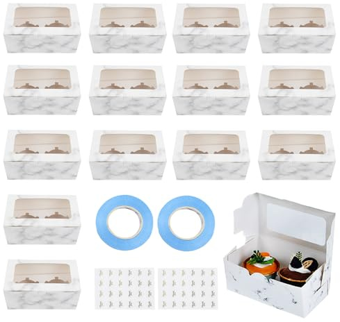 14Stks Weiße Karton Cupcake Transportbox, Stabile Konstruktion 2 Löchern Cupcake Boxen, Bäckerei Boxen mit Sichtfenster und Verstellbarem Einsatz 24 Aufklebern 2 Bandrollen für Gebäck Kekse Dessert