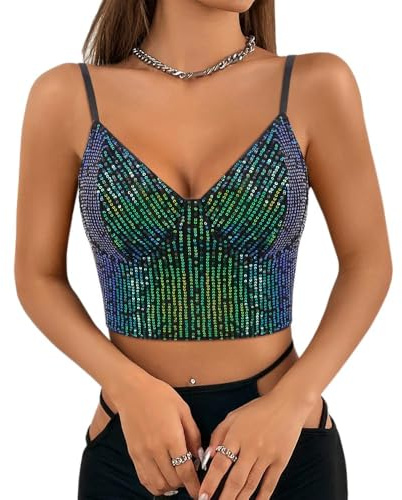 Naimo Damen Glitzer Pailletten Crop Top Ärmellos V-Ausschnitt Tank Tops Weste Sparkle Camisole Bluse Party Rave Oberteile