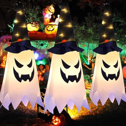 Halloween Dekorationen Outdoor - 3 Stück Geisterhut Hängend, Leuchtende Hexenhut Lichterketten für Party Innen Außen, Haus, Bäume, Garten, Patio