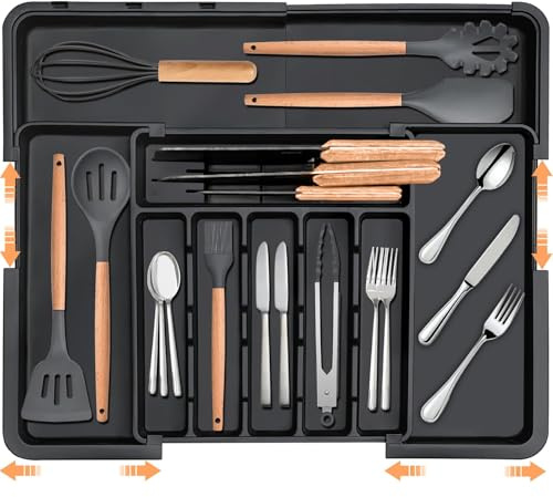 KILPDNZA Besteckkasten für Schubladen, Erweiterbar Schubladen Organizer, Verstellbarer Besteckhalter Utensilienhalter für Küchenschubladen, Besteckeinsatz für Schubladen für Löffel,Gabeln (Schwarz)