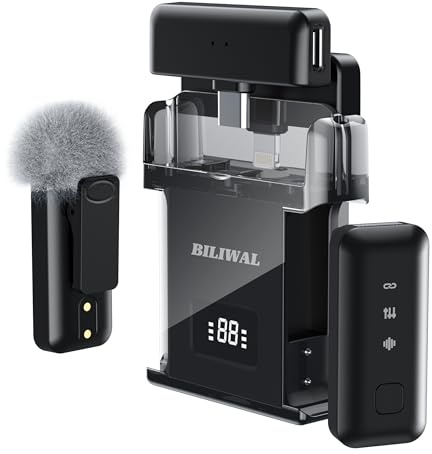 BILIWAL Wireless Lavalier Microphone for iPhone/Android/Laptop with Magnetic Wind Muff/Patch/Clip, Mini Mic with Noise Reduction, 35 H Battery Life via Charging Case, Lightning/USB-C/USB A Plug&Play
