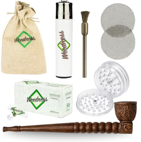 Weedness Filtro Carbone Attivo Pipa 17 cm Legno Ebano scolpito a Mano Set 7 Pezzi - Tabacco Pipa Fumare Pipa Legno