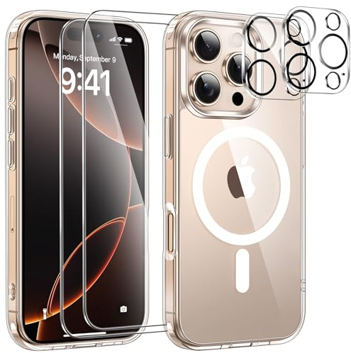 YisrLery Magnetica Cover per iPhone 16 Pro con 2 Vetro Temperato e 2 Vetro Fotocamera,Case Compatibile con Mag Safe,[Antiurto Grado Militare] Hard PC Anti-Graffio Protettiva Custodia,Trasparente