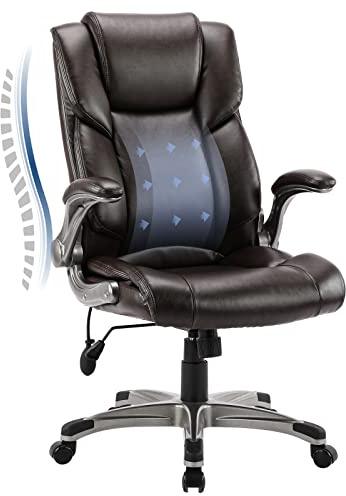 COLAMY Bürostuhl Ergonomisch, Chefsessel mit Hoher Rückenlehne, Schreibtischstuhl Lederstuhl mit Gepolsterten Klapparmlehnen, Verstellbarer Neigungsverschluss, Drehstuhl für Erwachsene, Braun