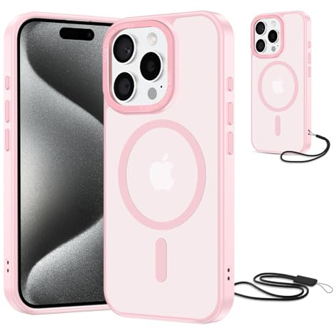 NEW'C Cover Magnetica per iPhone 15 Pro Max (6,7 Pollici) Compatibile con MagSafe Protezione Antiurto Suprema-Magnetismo Potente e Protezione Militare-Custodia Traslucida Opaca con Cordoncino- Rosa
