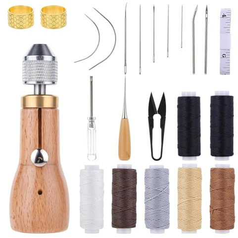 Jooehyer Kit de Punzón de Costura con Agujas Rectas y Dobladas, Rollos de Hilo Encerado, Enhebrador de Agujas, Tijeras y Cinta Métrica para Manualidades de Bricolaje