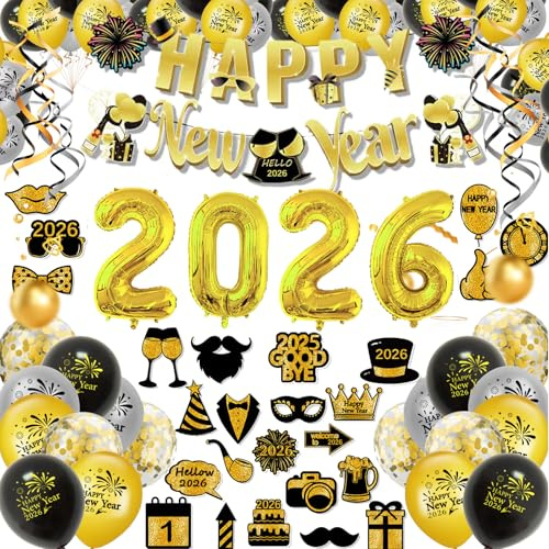 Silvester Deko 2026 Set, Happy New Year Party Deko mit Ballons,&Folienballons, Fotorequisiten,Glänzende 2026 Deko für Silvesterparty & New Year Celebration, Neujahrsdeko Perfekte Deko Silvester 2026