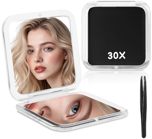 AMFUN Miroir Compact 30X, 8.5x8.5cm Miroir Grossissant Pliable des Deux Côtés, Petit Miroirs avec Grossissement pour Sortir, Voyager et Se Maquiller (Noir)