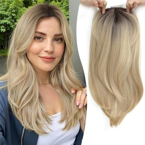 Ms Taj haarteile für dünnes haar,45cm Ombre Blonde with Dark Root haartopper echthaar natürlich geschichtet Clip-in-Haarteil für mehr Haarvolumen synthetische Haa Haarteil