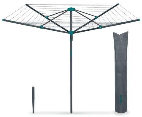 Tower 50m 4-Arm Rotary Airer Washing Line with Cover & Ground Spike, Weather-Resistant, Foldable Steel Frame, Space-Saving Outdoor Clothes Dryer, Anthracite & Teal, T873032TL