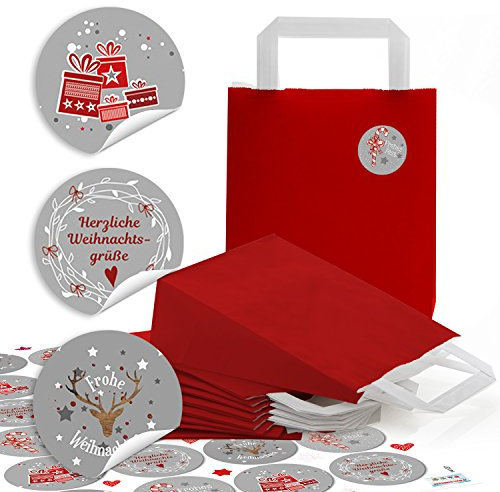 Logbuch-Verlag 24 kleine rote Geschenktaschen Weihnachten Papiertaschen Geschenkbeutel Papier Tüte 18 x 8 x 22 cm mit Henkel + 24 Aufkleber Geschenkverpackung Kunden grau weiß