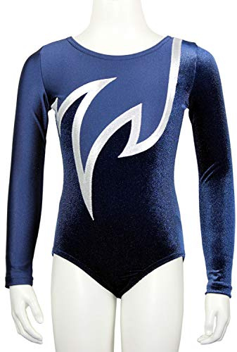 GymStern Turnanzug Java Spezial Nicki Samt & Glitzerlycra Mädchen Gymnastikanzug Langarm Kinder Turnbody langärmlich Turntrikot Dunkelblau/Weiß Größe 176