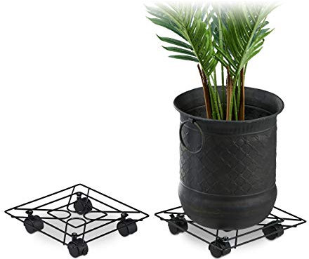 Relaxdays Pack 2 Soportes para Macetas con Ruedas, Cuadrados, Con Frenos, Interior y Exterior, 28x28 cm, Metal, Negro