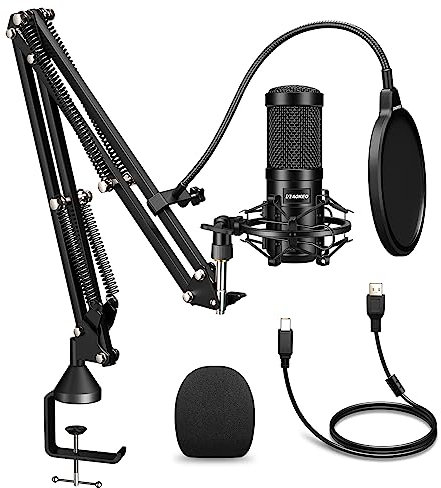 aokeo USB Mikrofon, 192kHZ / 24bit Podcast-Mikrofonsets mit Mikrofonständer, Stoßdämpferhalter, Windschutzscheibe, Popfilter, für Rundfunk, Aufnahme, YouTube,Podcasts