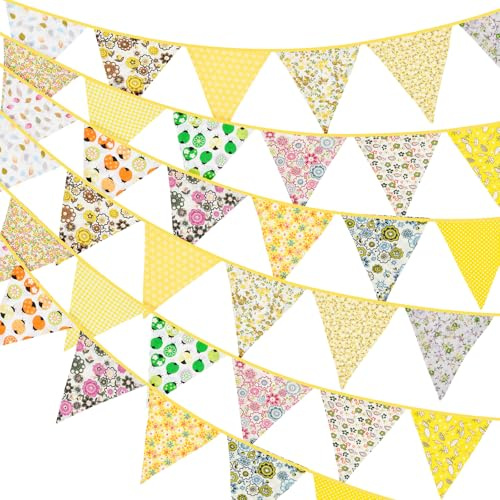 G2PLUS 10M Süße Beidseitig Wimpel Girlande Stoff: Gelb | Bunting Wimpelkette, Stoffgirlande mit 36 STK Farbenfroh Wimpeln für Hochzeits Geburtstag Party,Kinderzimmer-Deko