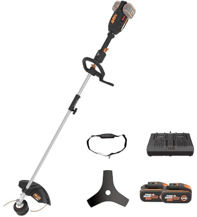 Cortabordes y desbrozadora 40V (2x20V) WORX | PowerShare | WG186E | Incluye 2 baterías 2Ah y Cargador | Eje Multifuncional para acoplar sierrra, Cortasetos o Cepillo