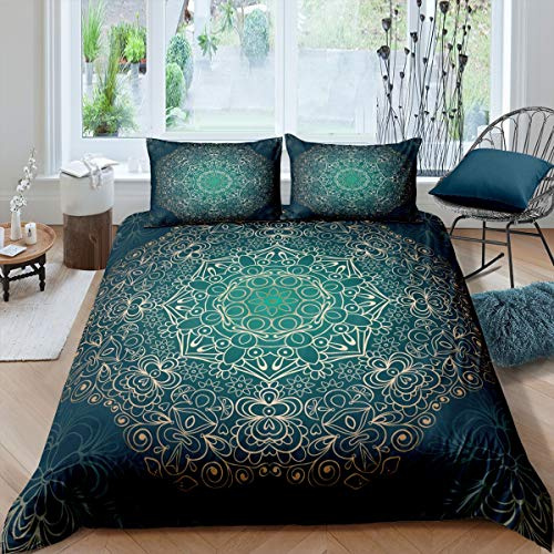 Loussiesd Set copripiumino in stile bohémien con mandala, set di biancheria da letto decorativa esotica con fiori, copripiumino chic in oro e verde per ragazze, bambini e donne, copriletto super king