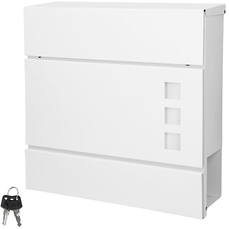 ECD Germany Briefkasten in Weiß mit Zeitungsfach, Schloss und 2 Schlüsseln, inkl. Montagematerial, 37x10,5x36,5 cm, aus Stahl, Moderner Design Wandbriefkasten, Postkasten, Mailbox mit Zeitungsrolle