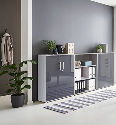 abschliessbarer Aktenschrank Büroschrank Schrankwand Büromöbel Regal Office Edition in Lichtgrau/Anthrazit Hochglanz (Set 9)