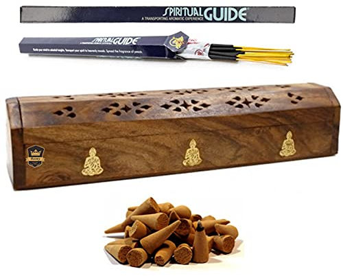 Encensoir en bois pour cônes et bâtons | Porte-encens type coffre fait main + 2 Spiritual Guide + 10 cônes | Modèles assortis