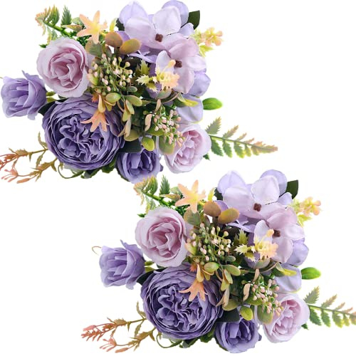 Künstliche Blumen, 2 Stück, künstliche Pfingstrosen, Seide, Hortensien, Blumenstrauß, realistische Nelken, Beeren, Blumenarrangements, Hochzeitssträuße für Party, Heimdekoration (lila)