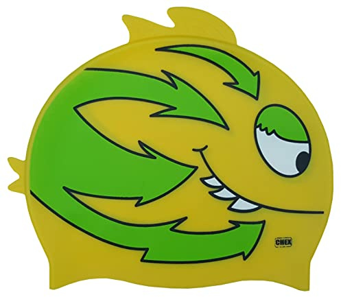 CHEX Stretchig silikonbadmössa för flickor och pojkar, 3–7 år, ett stycke, smiley-fisk, dubbelfentryck, en storlek (gul/grön)
