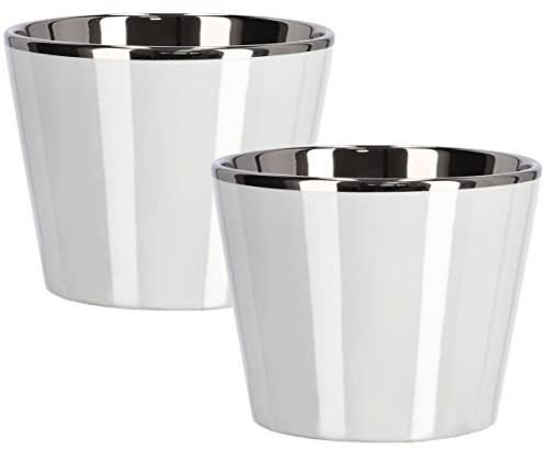 KOTARBAU® 2 x Macetas de cerámica de 11cm, para plantas, Color blanco metálico, macetero cónico para Interiores, Macetas para el hogar, diseño Moderno, Elegante, Efecto Espejo, Reflejo Brillante, 2 ud