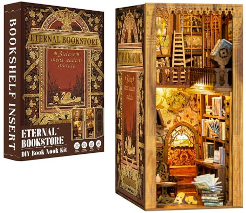 CUTEBEE Book Nook DIY Kit – DIY Puppenhäuser Miniatur Haus Kit mit Möbeln und LED-Licht, 3D Puzzle Buchstützen aus Holz, Modellbausätze für Erwachsene zum Bauen (Eternal Bookstore)