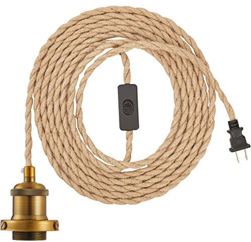 GNOLAK 15.4ft Pendant Light Cord Kit, Industrial Vintage Plug in E26 Socket Hanging Light with Switch, Hemp Rope Hanging Light Fixture for Pendant Lamp Farmhouse Lamp Cable DIY