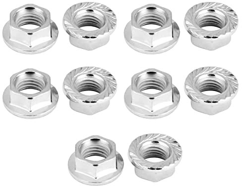10 Pcs Nut Set M10 X 1.25mm Fine Thread Pitch Crown Metric Hexagon Flange Nuts Hexagonal Serrated Assortment Kit Locking Stop Fastener Iron Chrome for Furniture Engineering, Mountain Bike Flange Nut