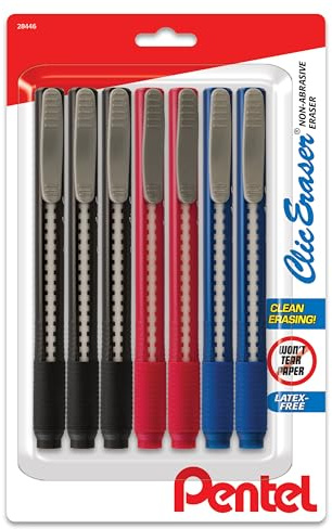 Pentel Clic Eraser Grip Retractable Eraser with Grip Office Barrel Colors (Black, Red, Blue) 7 Pack