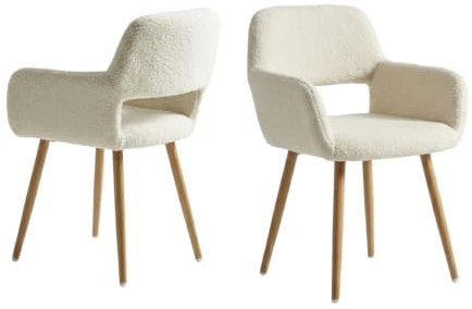 MEUBLE Cosy Juego de 2 Sillas de Comedor Escandinavo Sillón Tapizado en Tela Sherpa con Reposabrazos Patas Metal para Cocina Salón Dormitorio