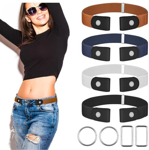 SMUJU [4 Pièces Ceinture Sans Boucle Dégagement Rapide, Elastique Femme, Ceintures Femme Réglables, Invisibles pour Jeans Pantalon Robe, 4 Anneaux Métal]