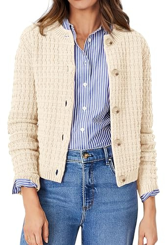 PRETTYGARDEN Women's Knit Cardigan Sweaters Casual Long Sleeve Open Front Button Down Trendy Jackets Outerwear (Beige,Medium)