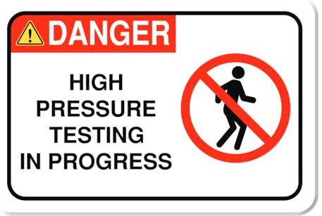 PVC0077 Hinweisschild Danger High Pressure Testing In Progress, 30,5 x 20,3 cm, Premium-PVC-Schild für Arbeitsplatz, Lager, Baustelle, OSHA-Verordnung, wetterfest, lichtbeständig, hergestellt in den